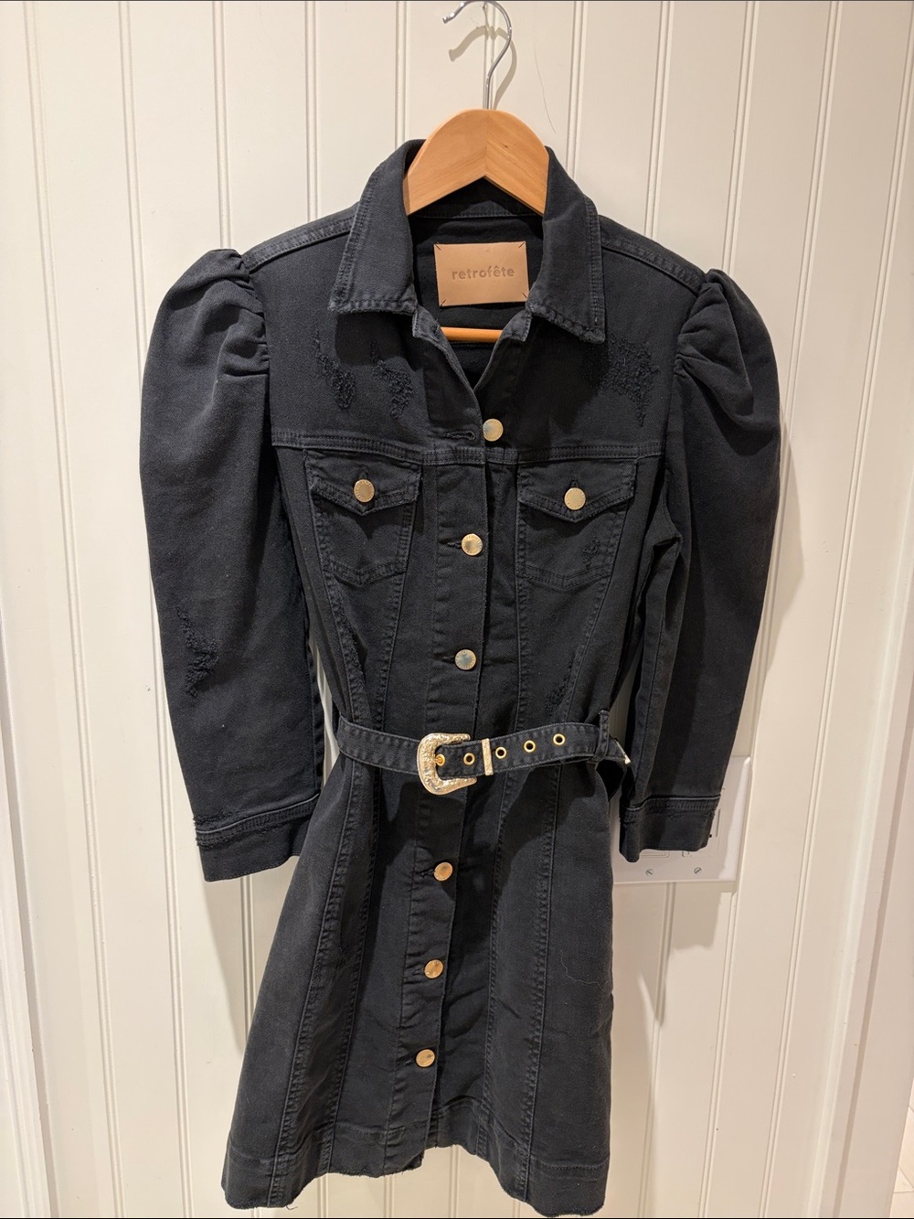 Retrofete Black Puff-Sleeve Denim Dress with Gold Buckle Belt